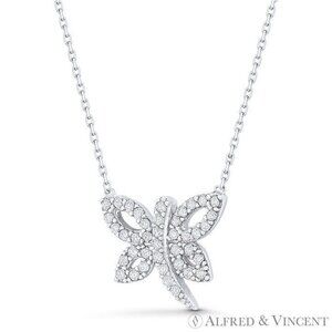 Dragonfly Charm CZ Crystal Pave Pendant & Chain Necklace in .925 Sterling Silver